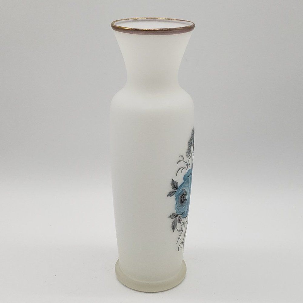 Norleans Vintage Satin Milk Glass Blue Roses Grey Leaves Gold Gilt Vase - Picture 10 of 11